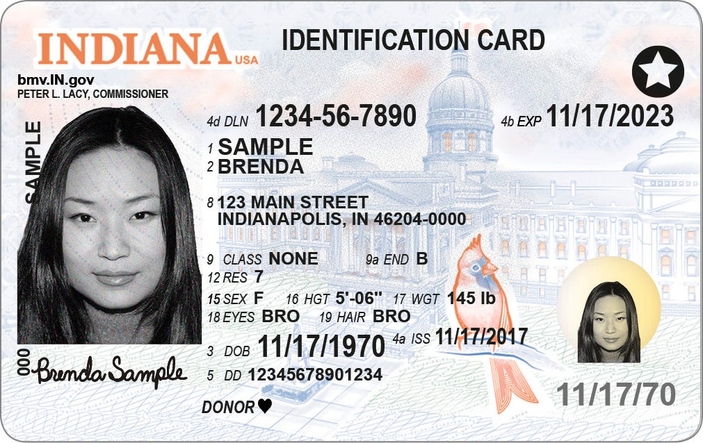 Indiana id card front and back