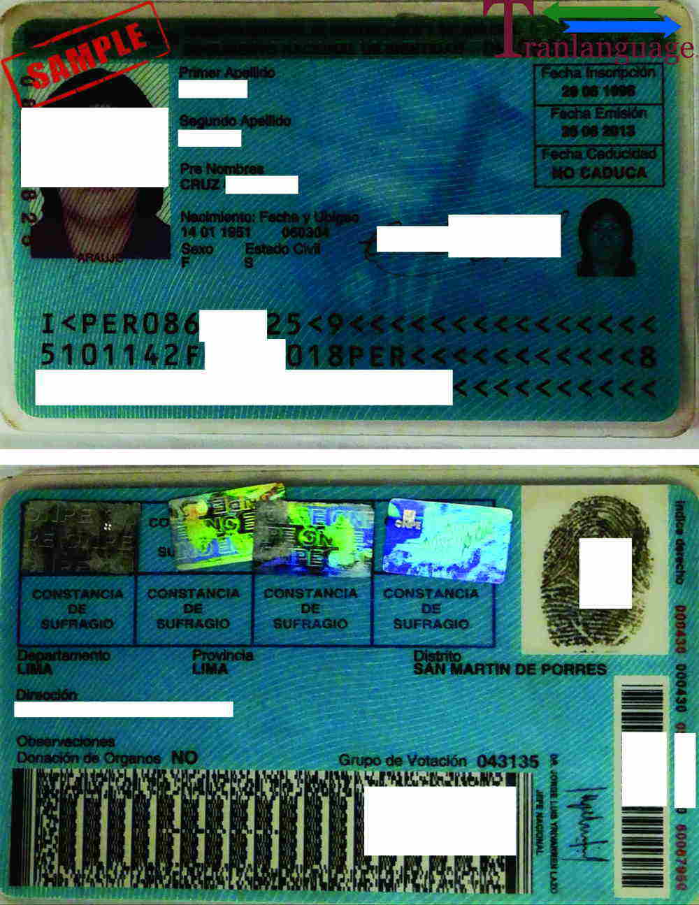 Peru id card front and back