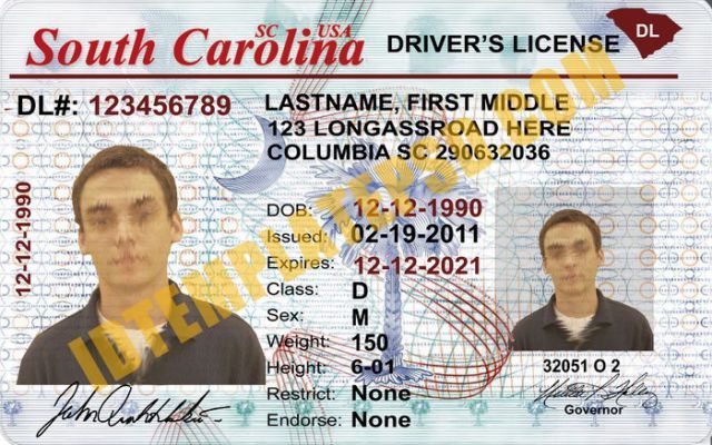 South Carolina id card front and back